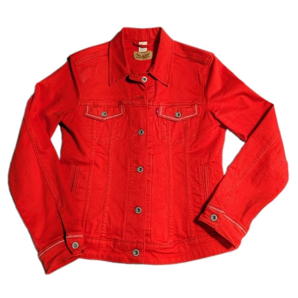 Levi's Trucker Jacket Womens M Red Denim Jean Button Front Classic